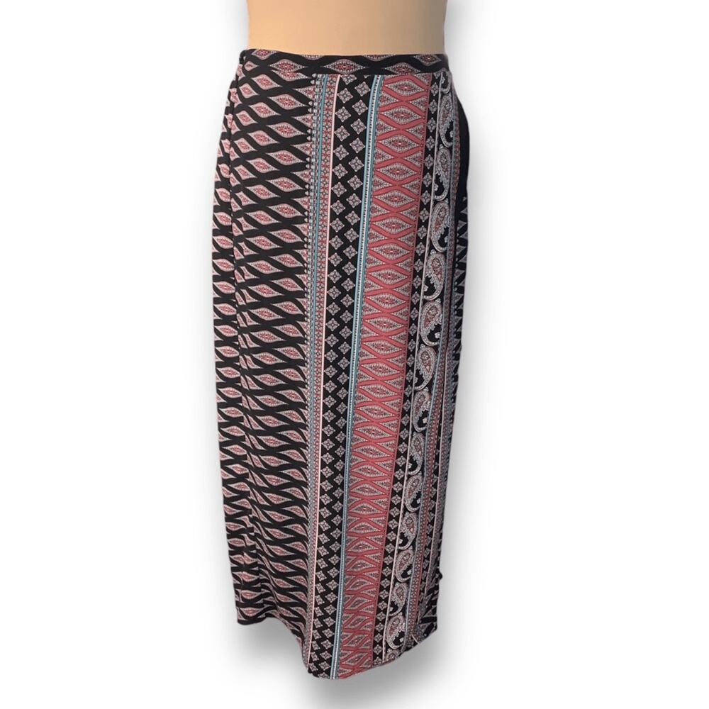 Monteau Boho Maxi Skirt XL Faux Wrap Abstract Print Black Tan Abstract Column